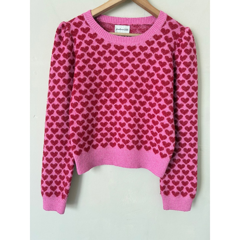 Freshman 1996 Romantic Pink Red Heart Knit Sweater Puff Sleeve Crew Neck M